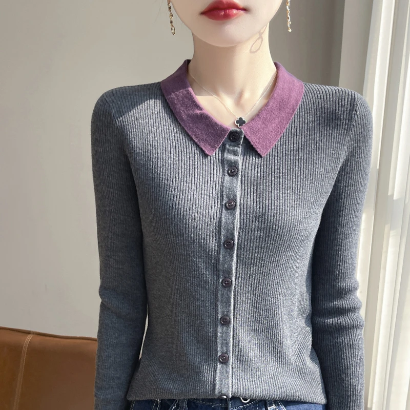 哥弟阿玛施正品秋冬翻领长袖女士打底衫修身显瘦百搭外搭上衣