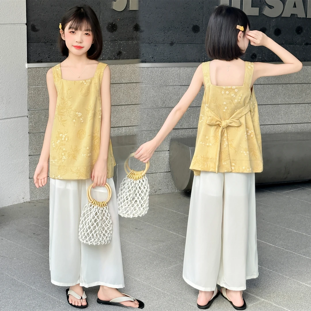 女童新中式夏季套装2025新款中大童洋气提花吊带上衣阔腿裤两件套