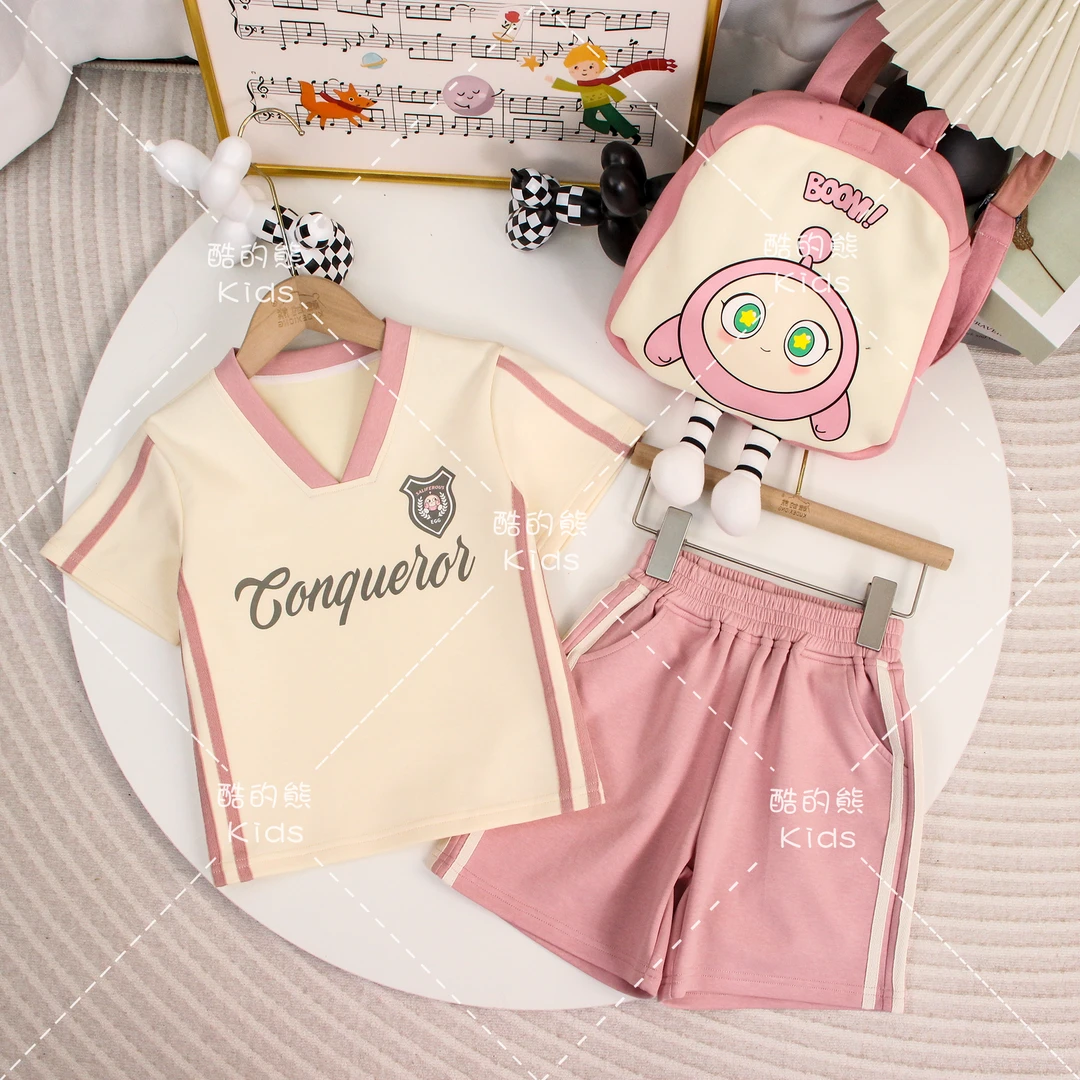 夏季短袖短裤套装2025男童女童休闲运动风短袖长裤两件套D2S5-599