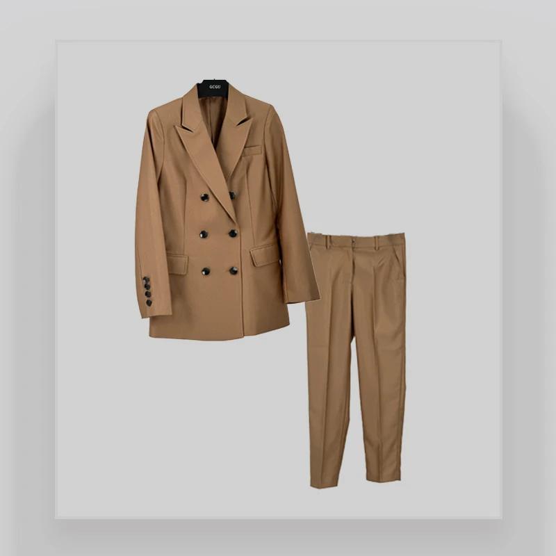 驼色轻熟风双排扣气质优雅时尚套装秋冬-11451