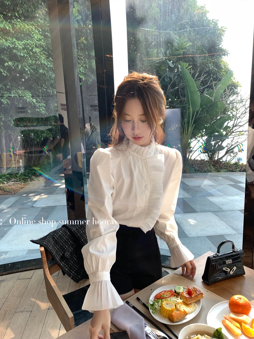 法式宫廷风木耳边衬衫女2025春秋新款设计感小众立领花边叠穿衬衣