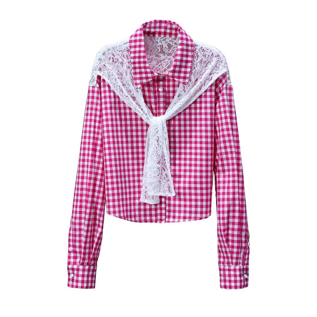 【LIANG哥女装】2025红白格纹拼接蕾丝披肩假两件短款衬衫6597A