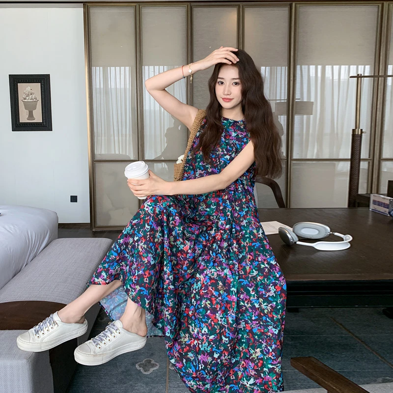 法式复古碎花无袖背心连衣裙女2025夏季新款韩版宽松遮肉休闲长裙