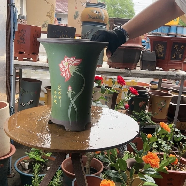 宜兴紫砂花盆花盆一念花开绿色大号