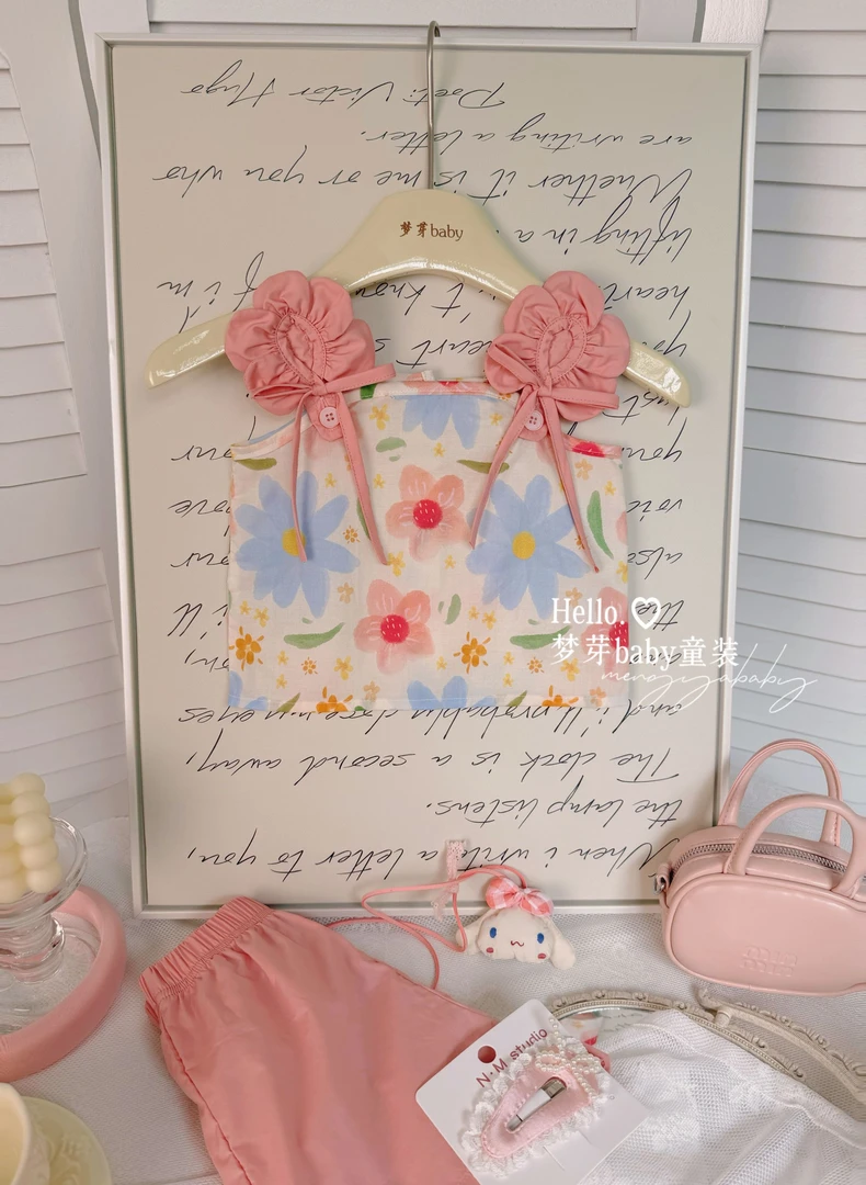 粉系公主~女童吊带上衣短裤夏季女宝百搭夏装洋气花朵套装两件套