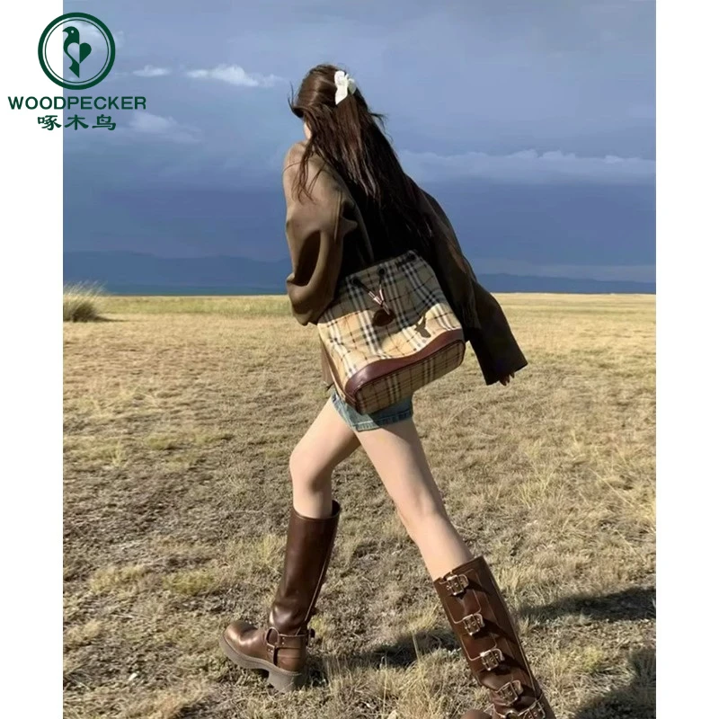 啄木鸟靴子女秋款复古高筒靴骑士靴棕色机车靴长筒靴西部牛仔靴