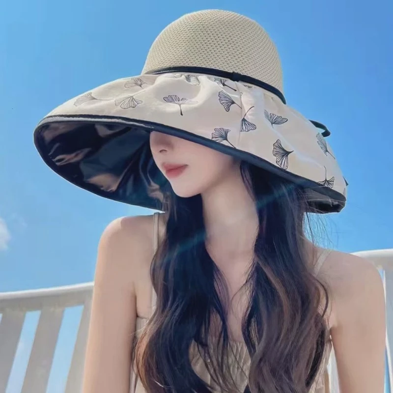 2025新款韩版户外黑胶遮阳百搭太阳帽子女款夏季蝴蝶结渔夫帽