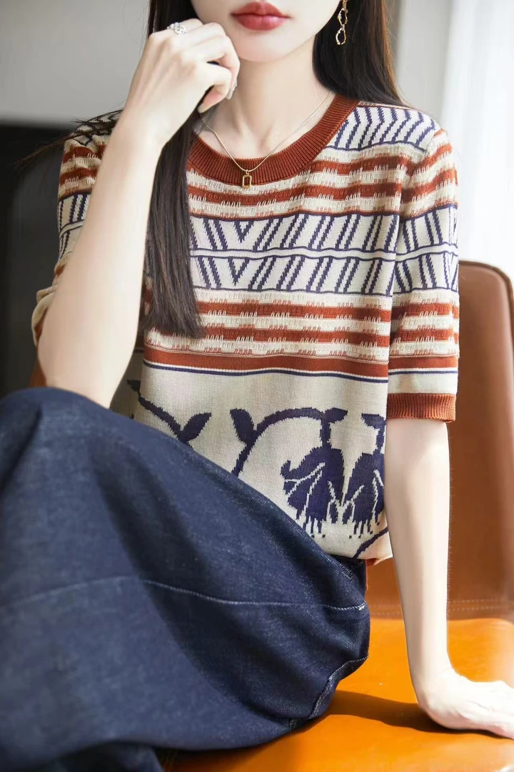 100莱赛尔天丝-复古港式撞色提花针织圆领T恤洋气百搭夏季薄款