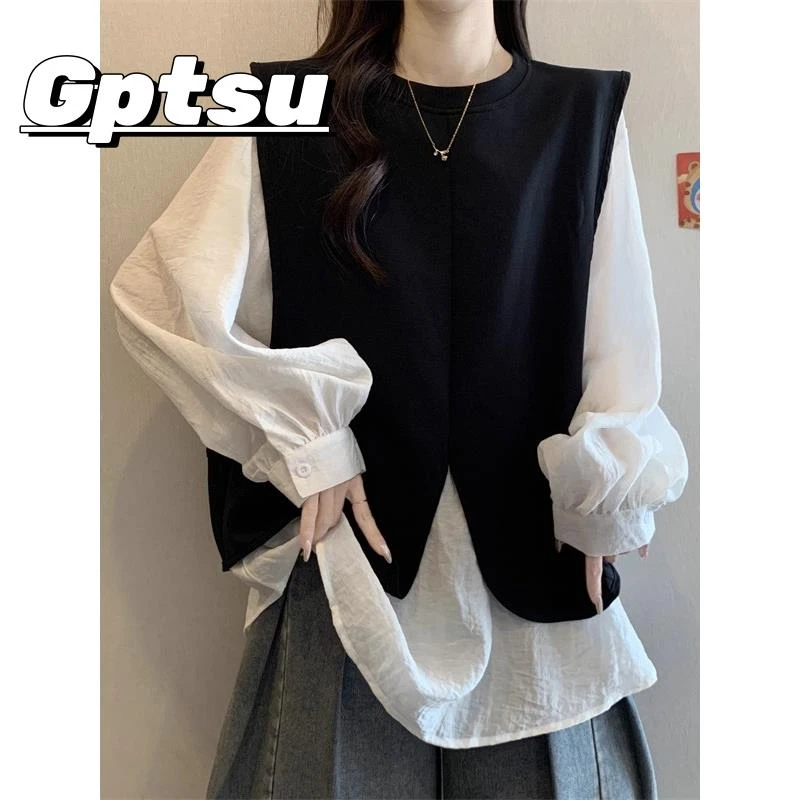 GPTSu秋2025新款爆款假两件长袖衬衫大码女装高级感遮肚衬衣上衣