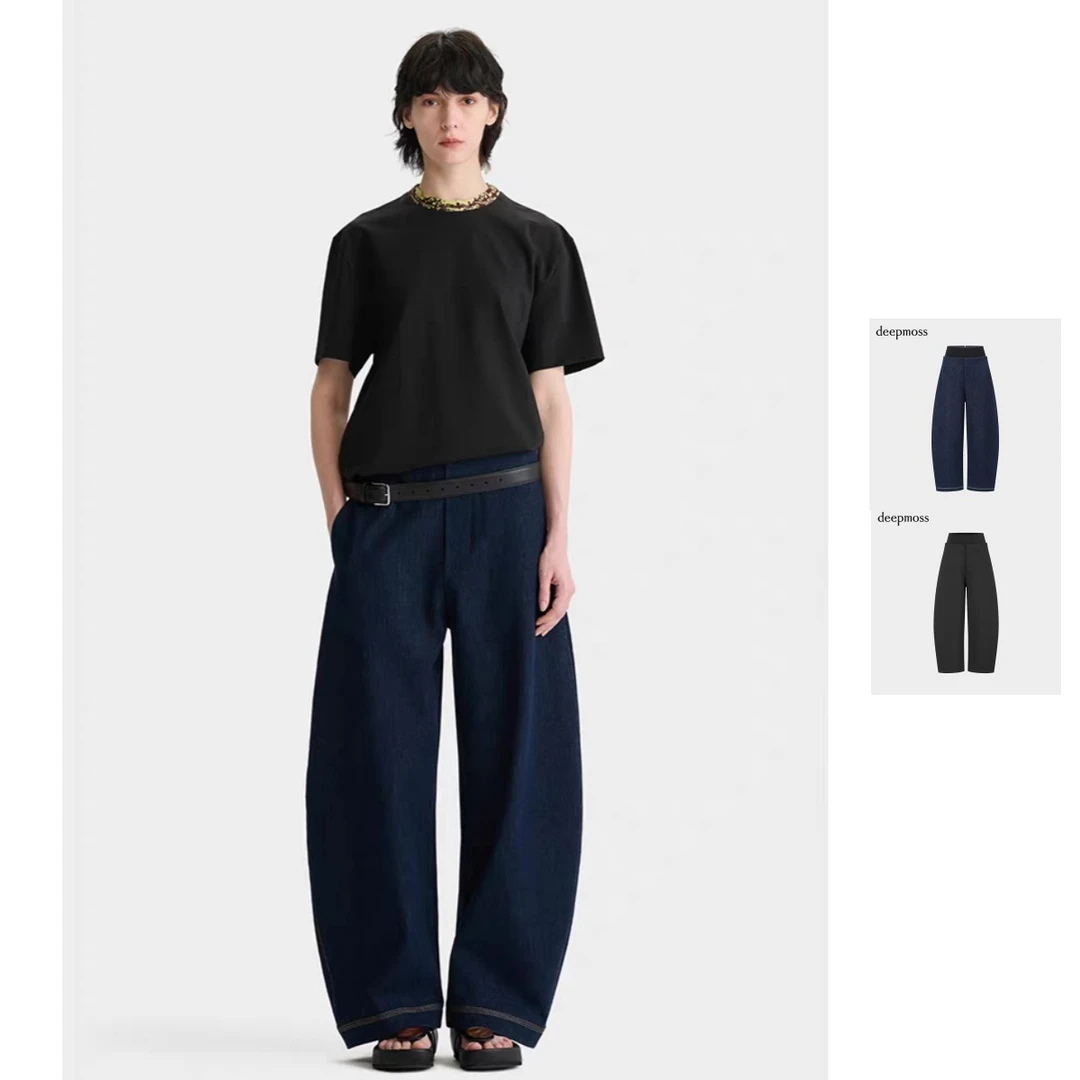 deepmoss   25冬季新品设计感女士层次腰头弹力牛仔香蕉裤长裤