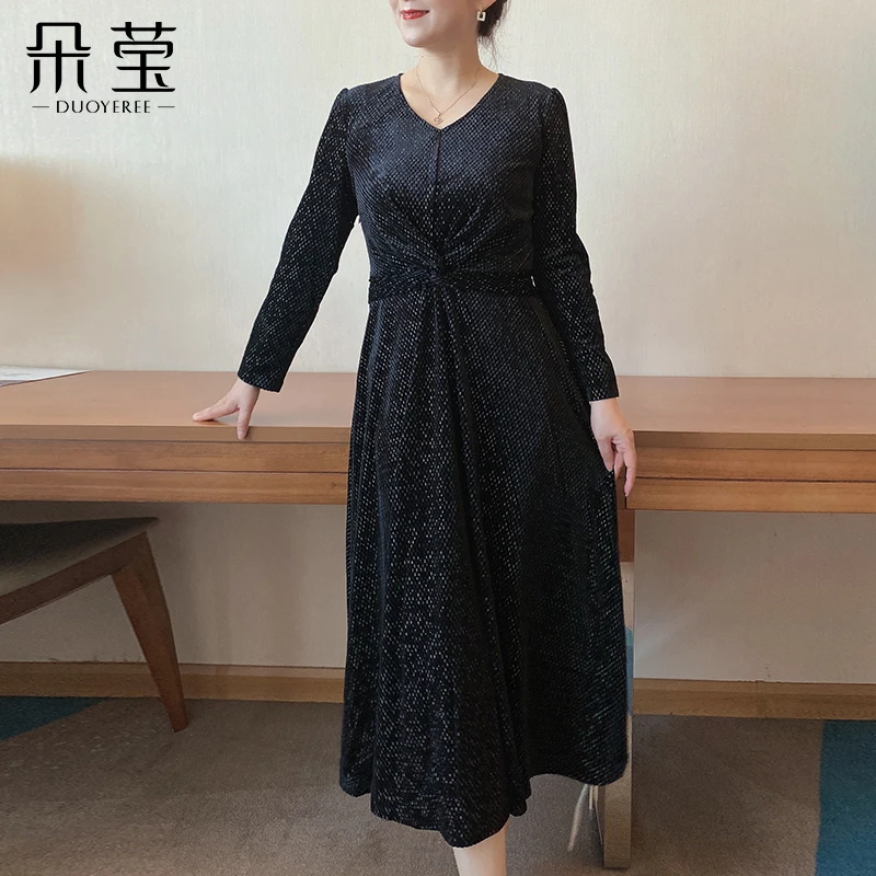【断码特价】妈妈装新款v领气质长袖遮肚子裙子显瘦丝绒连衣裙952