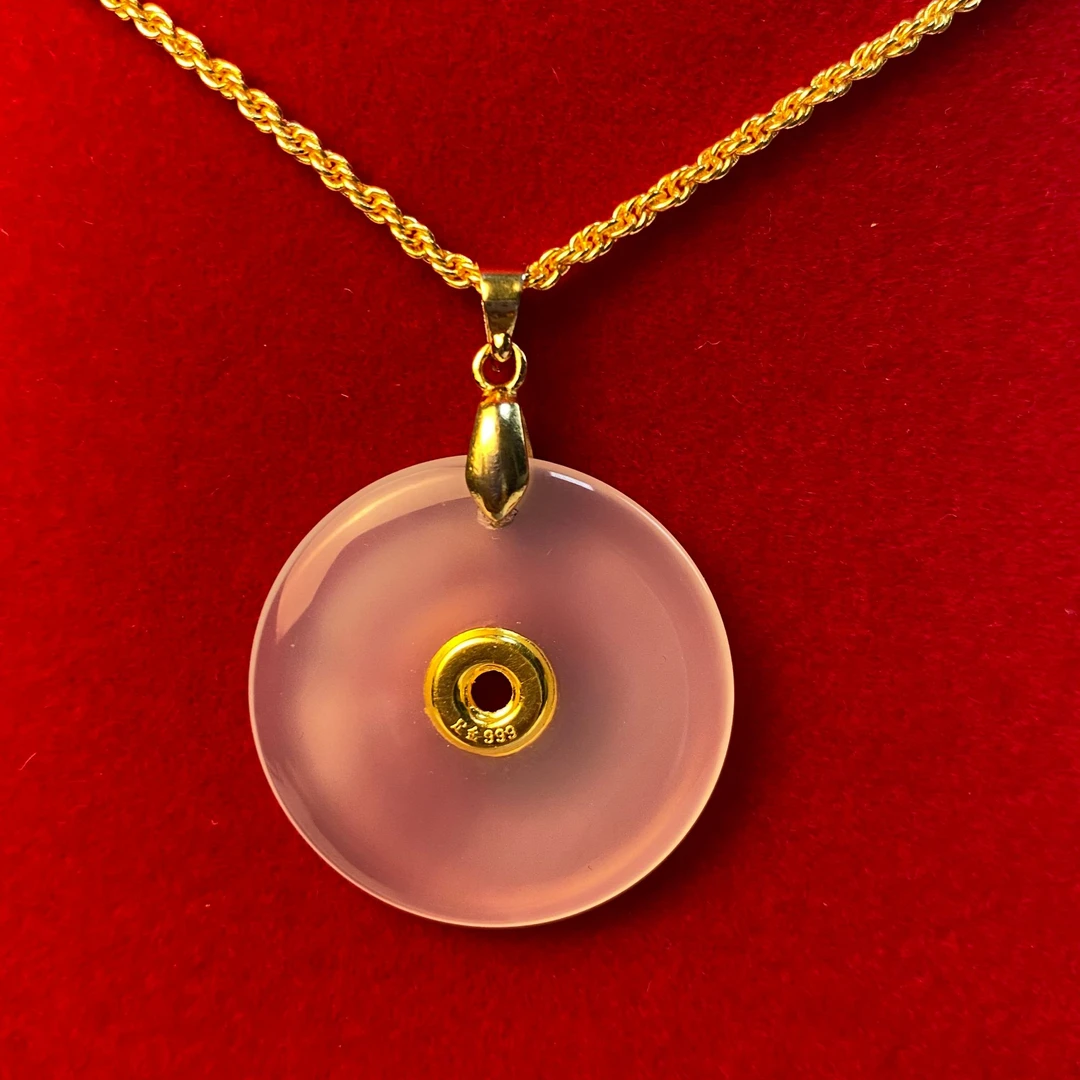 黄金镶嵌玉髓平安扣吊坠--赠合金链子扣头带礼盒证书-GZW