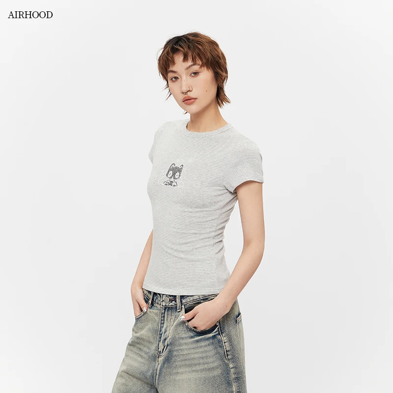 AIRHOOD 条纹猫咪修身显瘦百搭辣妹上衣夏季正肩短袖T恤女N5253