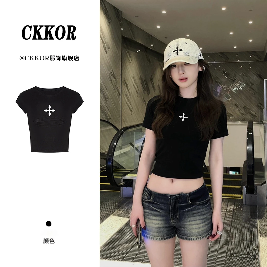 CKKOR极简风印花圆领短袖t恤夏季新款时尚高腰设计款穿搭小众上衣