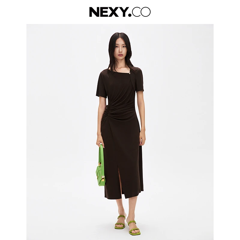NEXY.CO/奈蔻休闲时尚不规则长款显瘦收腰气质连衣裙XF06058B7