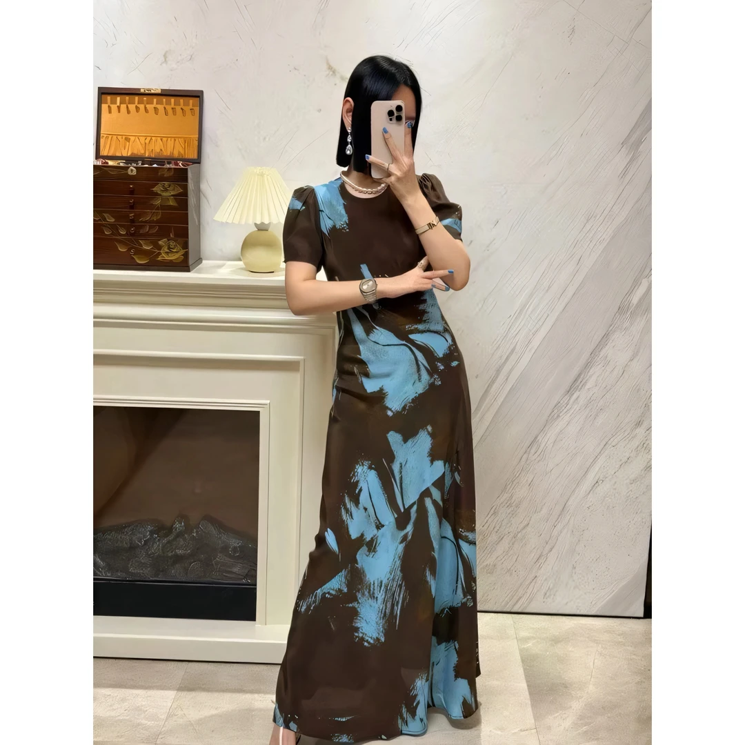 欧洲站A字裙拼接高腰短袖圆领连衣裙新中式长款百搭显瘦印花女装