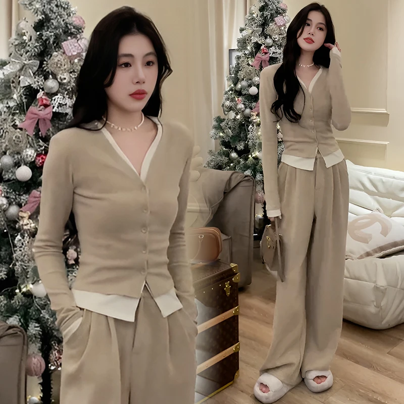 时尚小众套装女2025年春秋季新款假两件打底衫宽松阔腿裤两件套潮