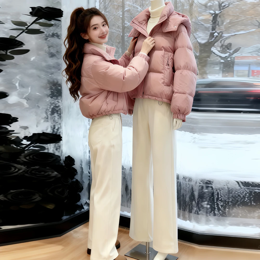 2026冬季新款韩版潮流时尚短款棉服百搭宽松连帽夹棉外套女