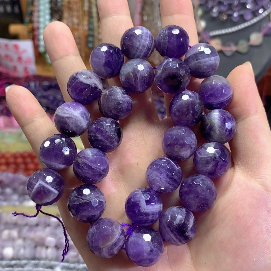 未镶嵌玛瑙/玉髓珠宝半成品天然紫水晶蹦迪珠一条卡16mm