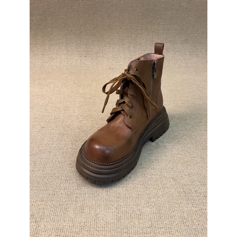 nnmiss·34-40/4.5cm法式复古圆头擦色系带马丁靴时尚厚底通勤短靴