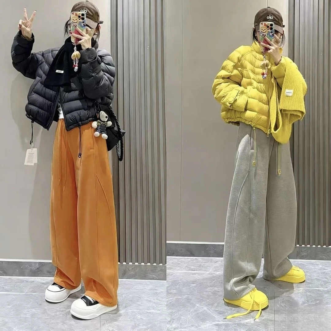 2025冬日暖芯加绒加厚轻云暖高腰裤高定卫裤美式休闲弯刀阔腿裤女