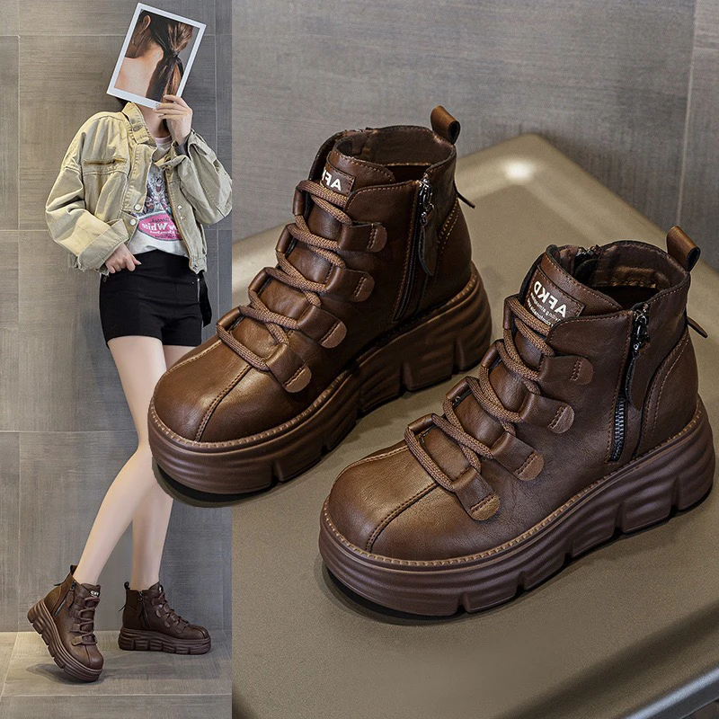 厚底真皮马丁靴女内增高8cm新款小个子棉靴松糕厚底短靴显高加绒