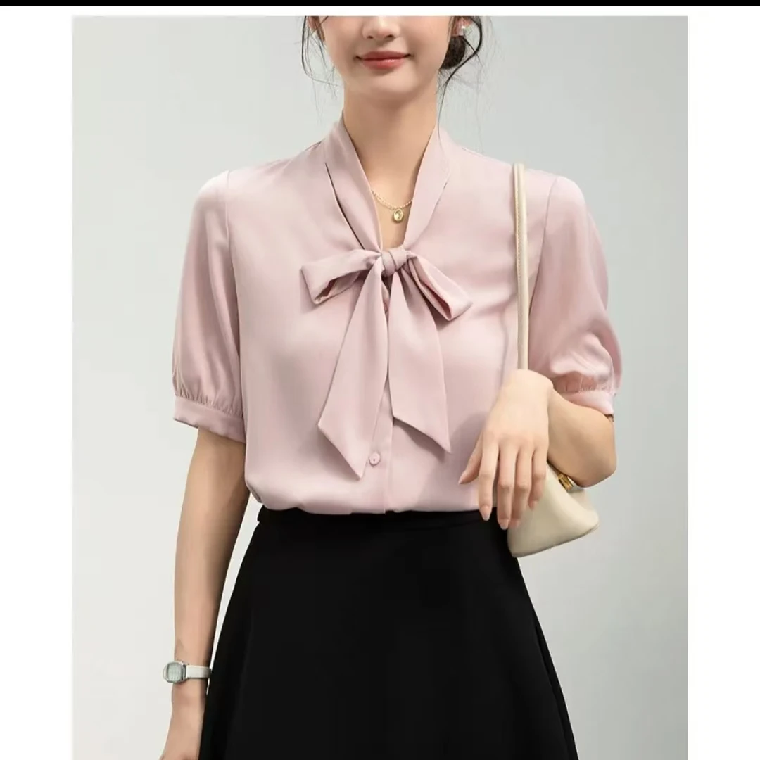 2025夏季新款系带短袖夏季法式蝴蝶结衬衫衬衣通勤纯色时尚
