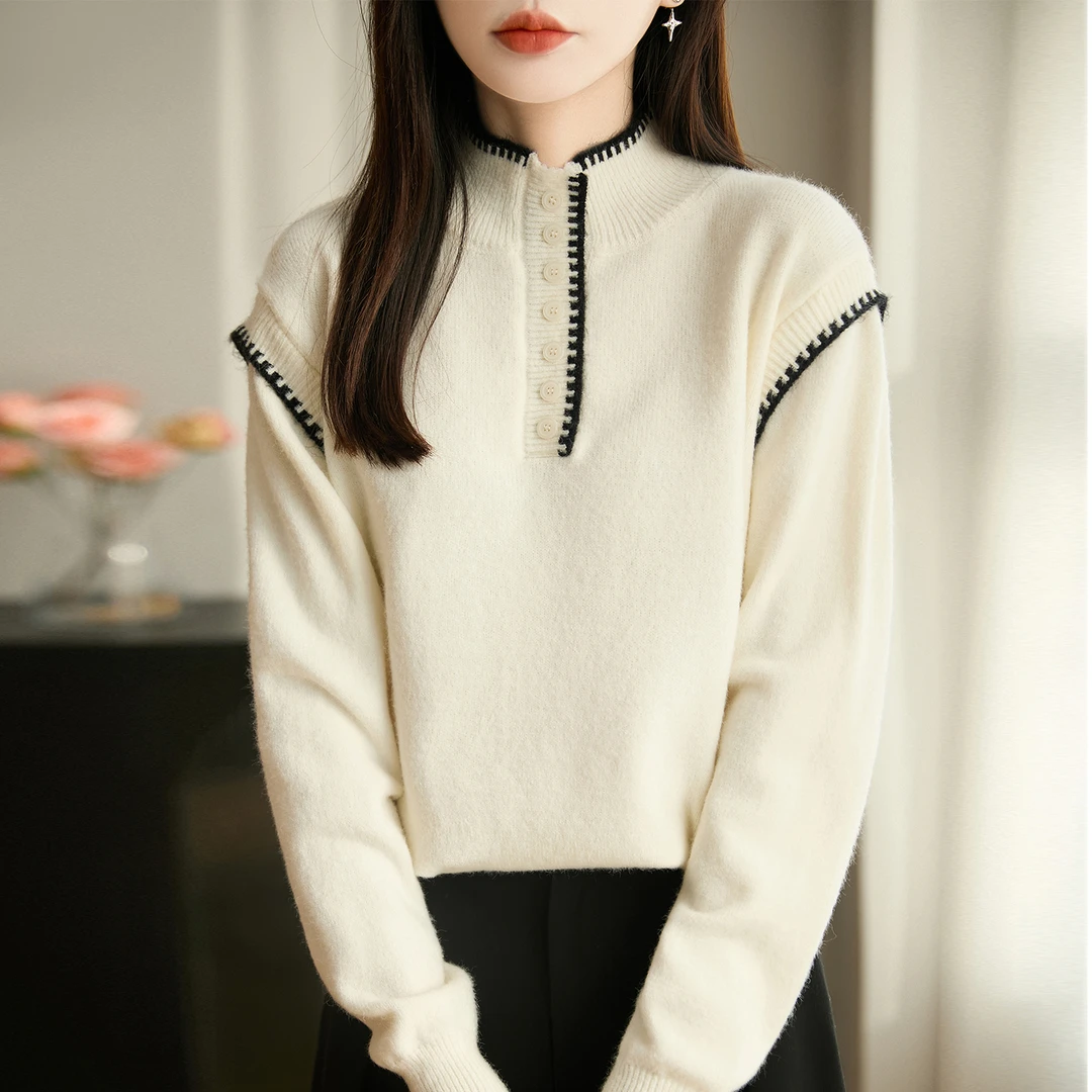 pingedixin/品哥弟新款领边撞色慵懒风羊毛衫设计感百搭通勤上衣