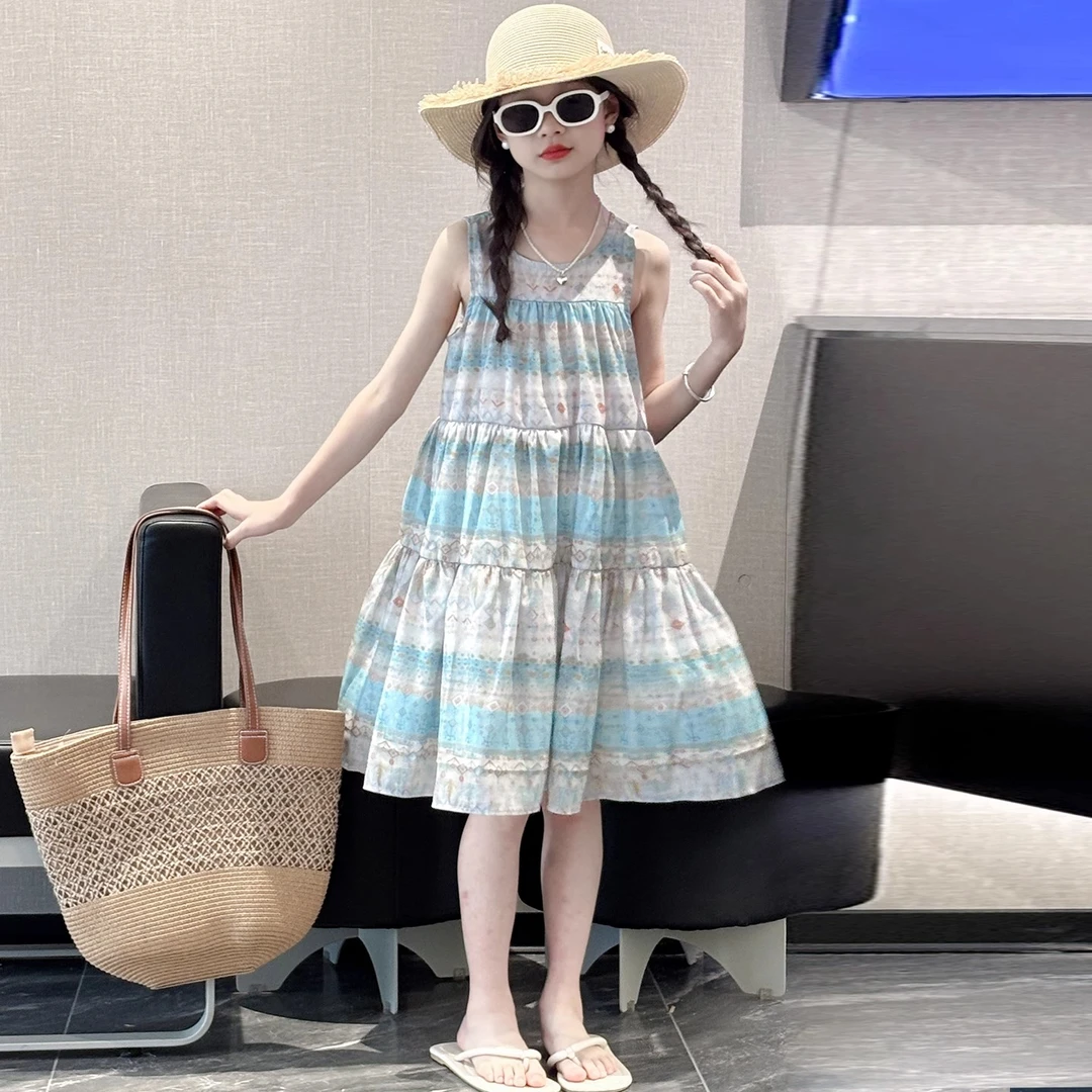 女童夏连衣裙2025新款巨好看儿童碎花吊带裙子女大童民族风背心裙