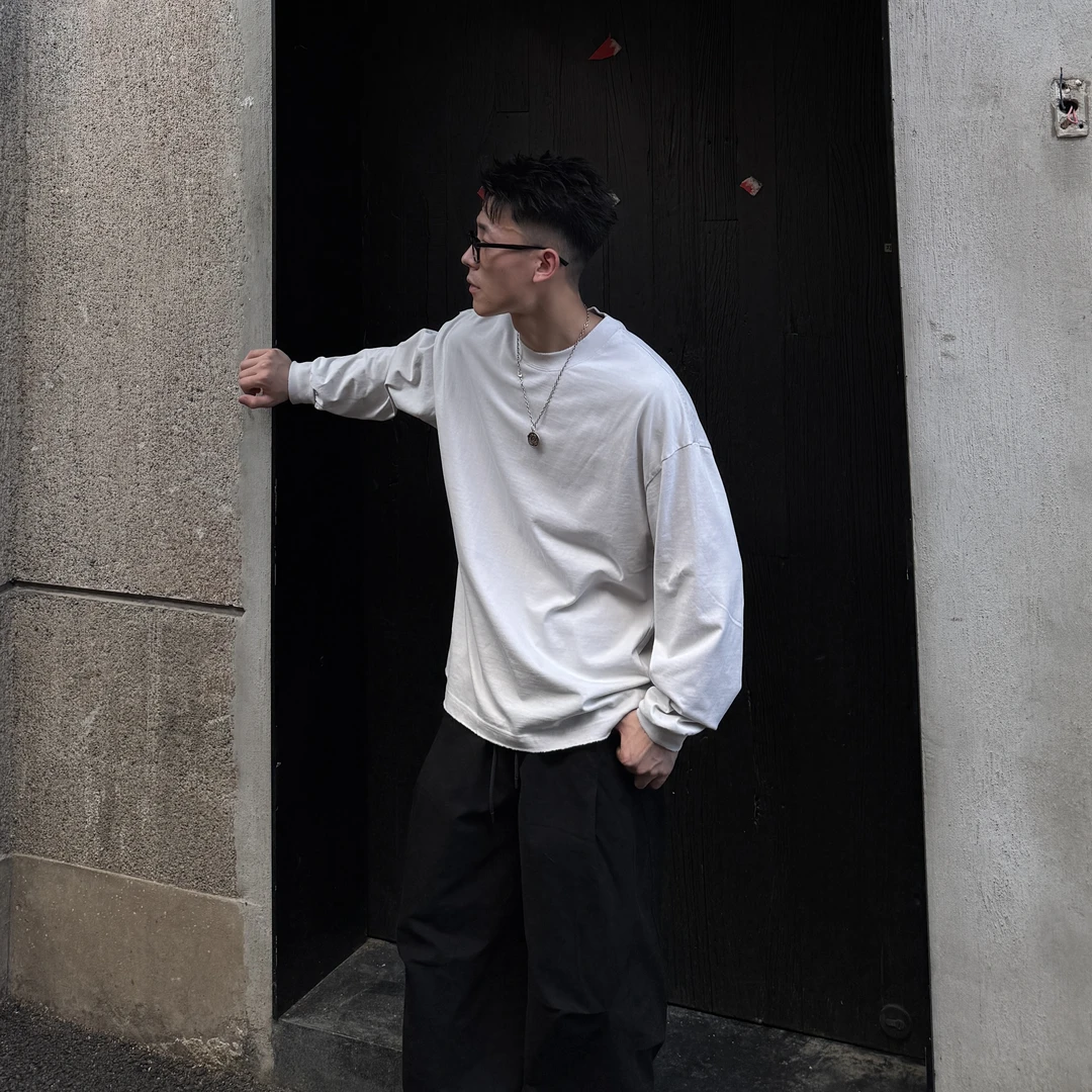 AAL秋款上衣韩版长袖纯色T恤潮流纯棉磨破港风圆领百搭男士简约