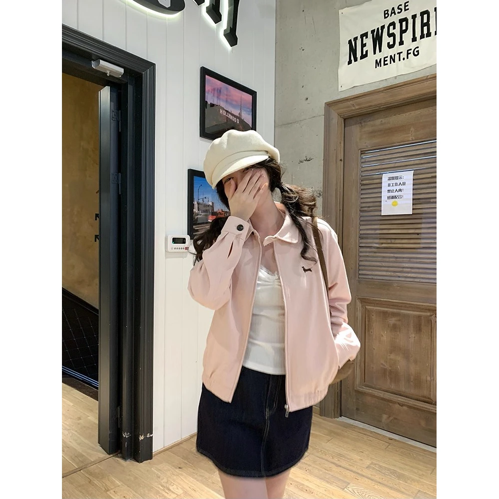 气质粉色腊肠狗刺绣夹克开衫女秋季韩系甜美风宽松休闲翻领短外套