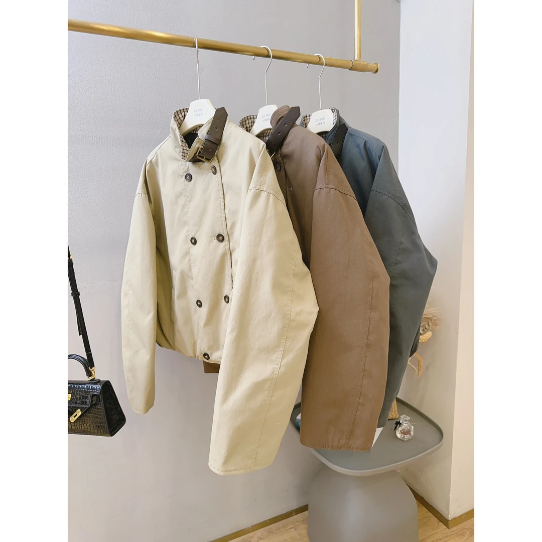 丨秋冬新款多色格子袖口皮扣机车立领双排扣外套 5018