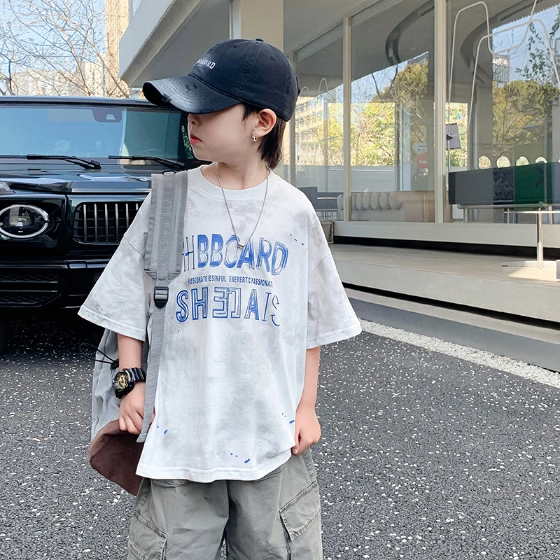 男大童夏装潮牌扎染短袖t恤2025新款男孩夏季韩系半袖K242TX4310