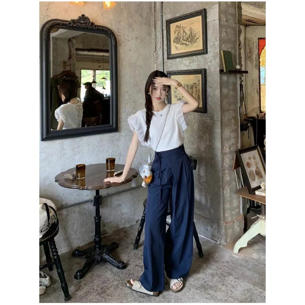 白色后背镂空蕾丝短袖女夏季独特小众小飞袖上衣宽松休闲长裤套装