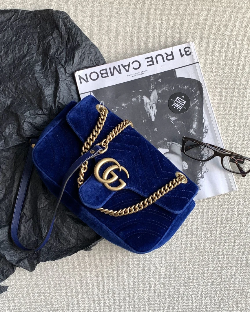 95新 GUCCI/古驰 蓝金丝绒马蒙包 30cm 18710649