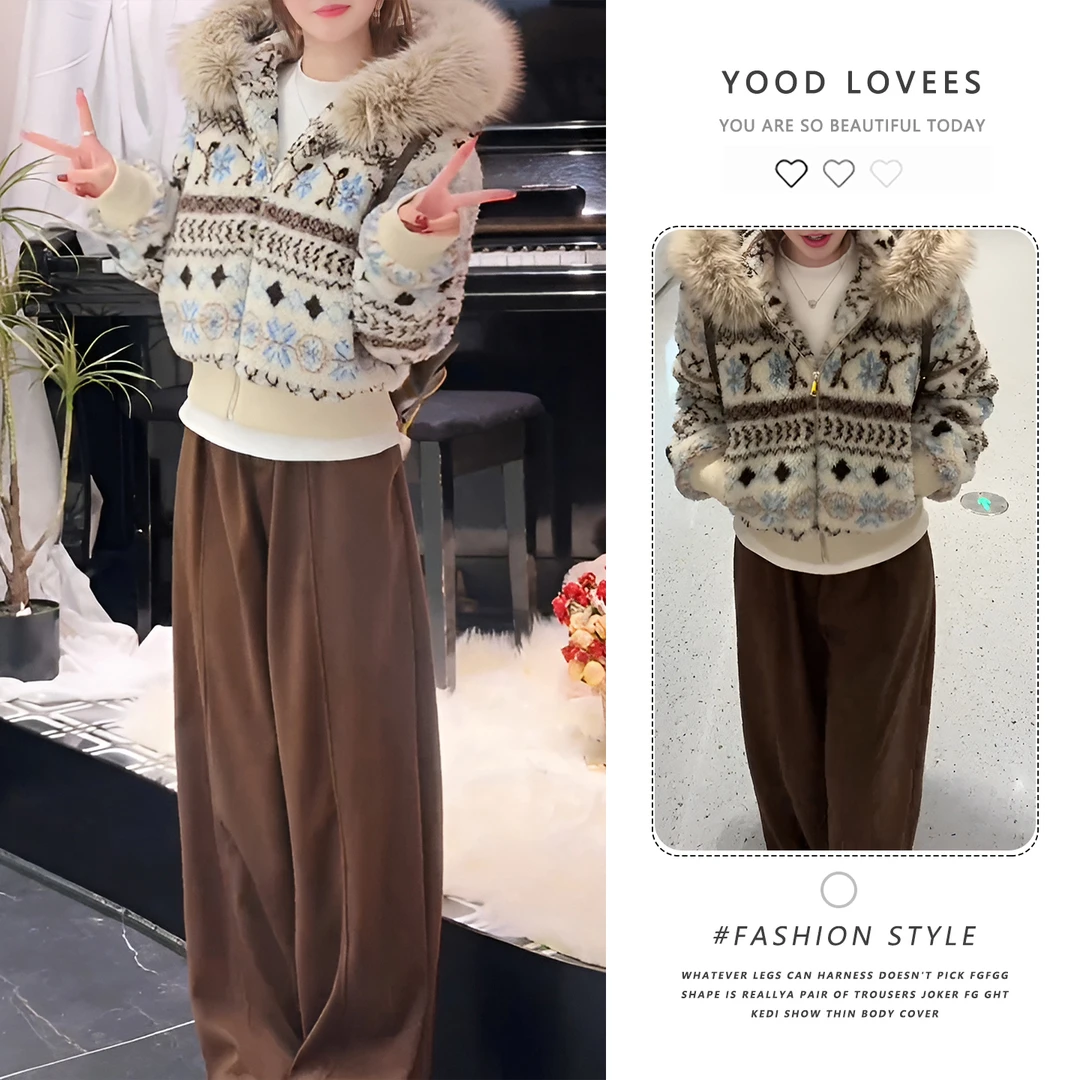 时尚大毛领连帽慵懒风短外套女2025冬季洋气百搭宽松加厚保暖棉服