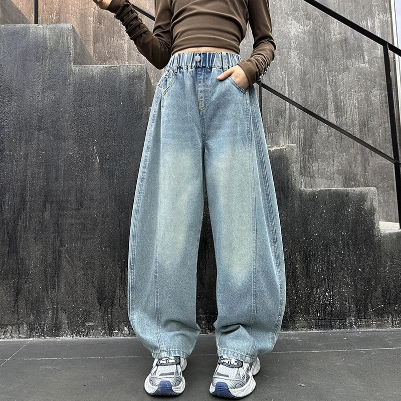 女童加绒牛仔裤冬季弯刀裤2025新款中大童宽松直筒香蕉裤保暖时尚