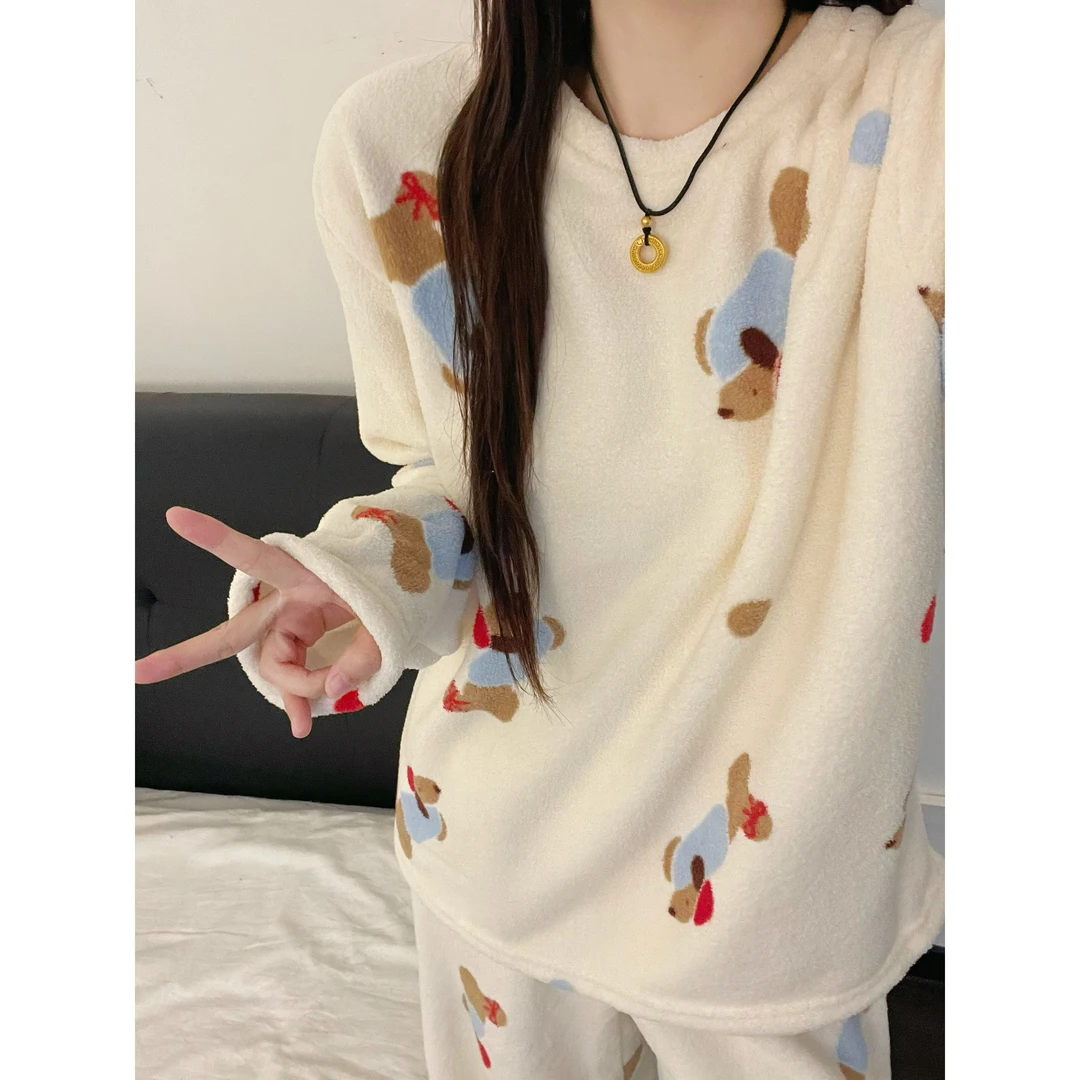 可爱简约腊肠狗法兰绒睡衣女秋冬季新款加绒保暖家居服套装可外穿