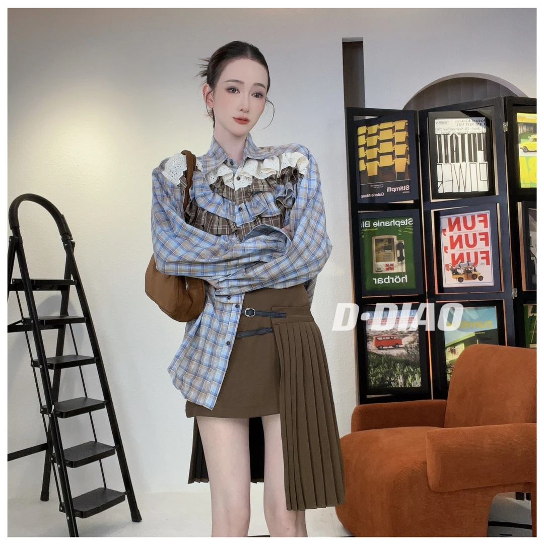 【小奈】宽松大板显瘦拼接蕾丝格子衬衫xn10038