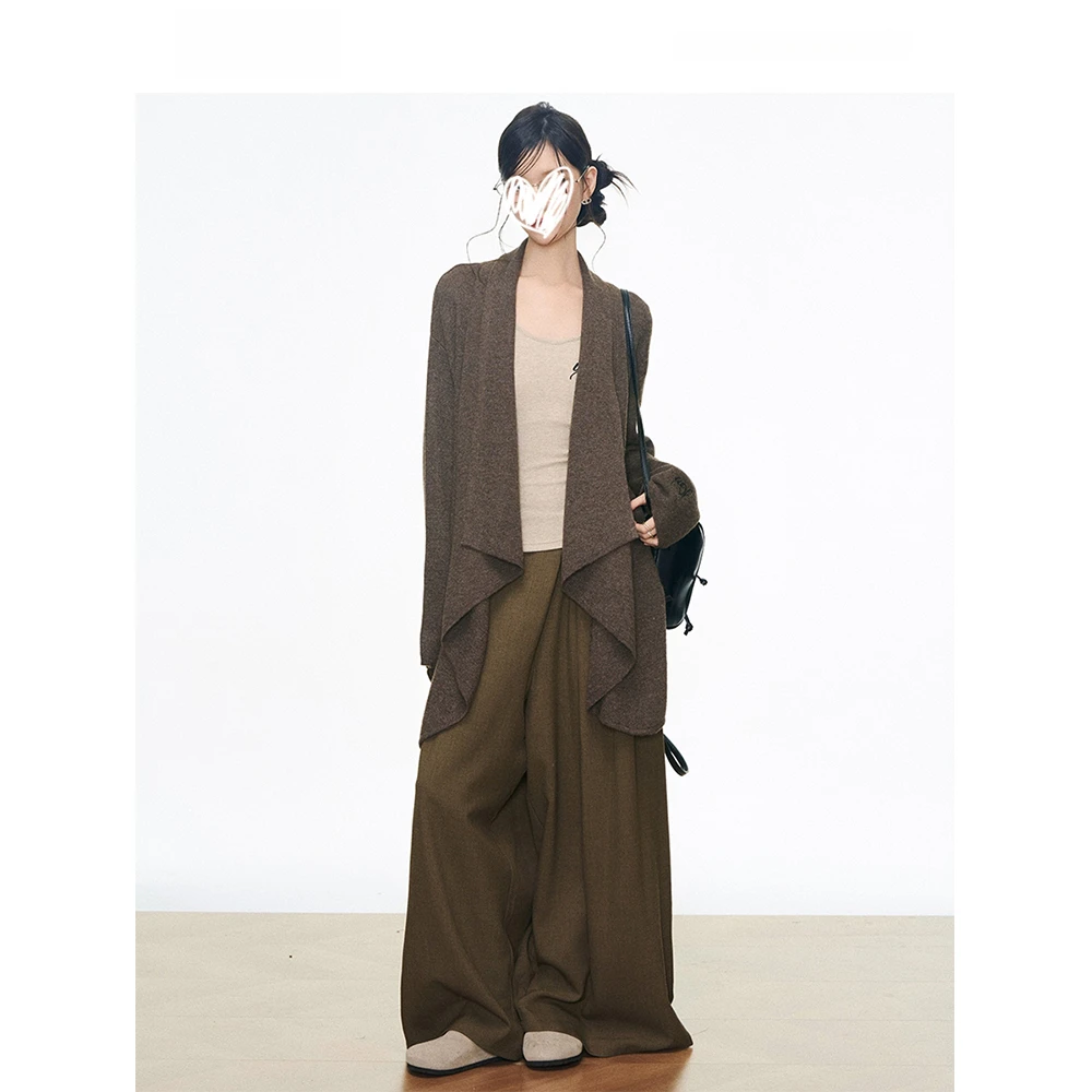中长款毛衣开衫女韩系慵懒外套+V领打底衫+阔腿裤套装22367#