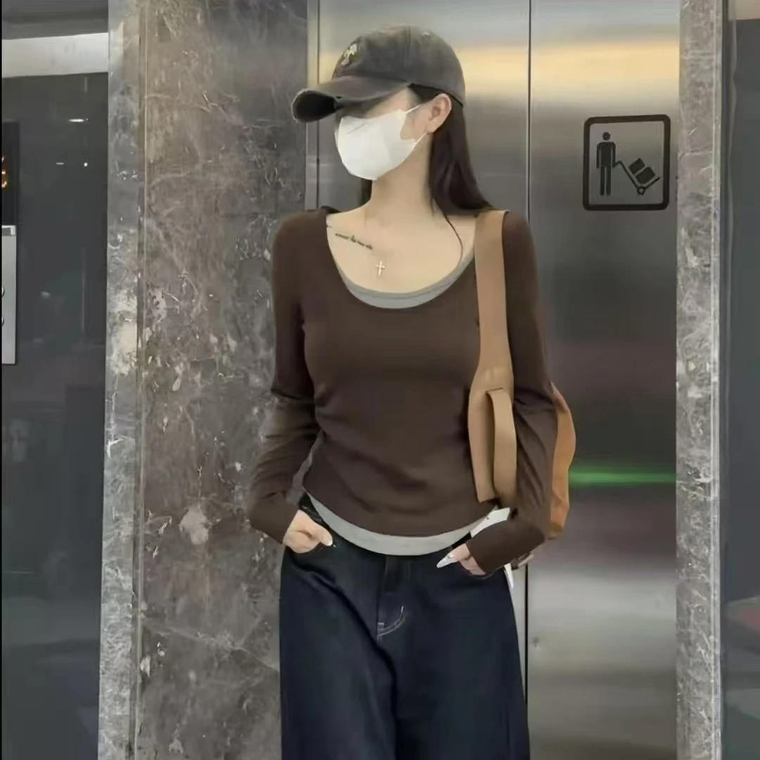 2025新款秋季撞色假两件长袖圆领T恤设计感百搭打底衫女上衣