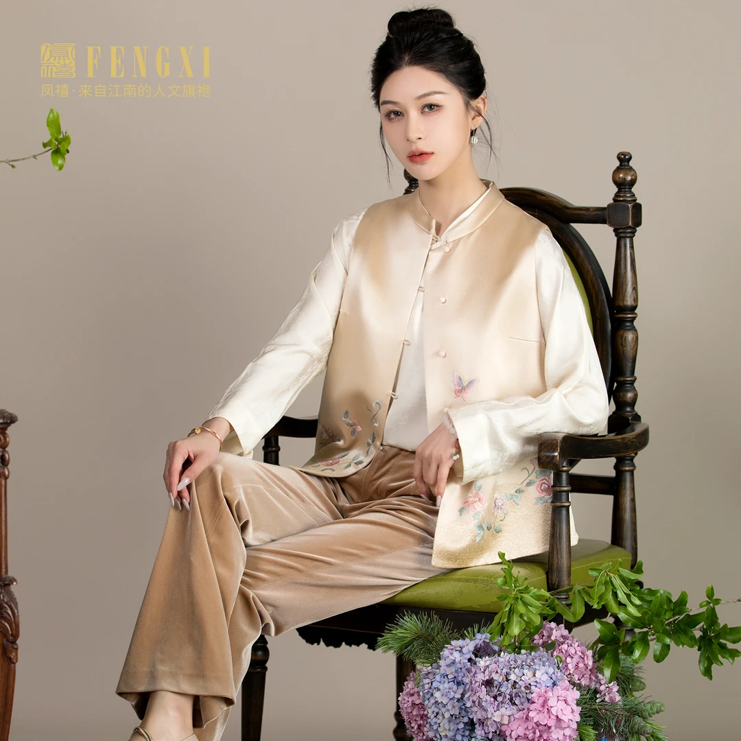 凤禧2025秋款金色高定刺绣马甲上衣提花蝶恋花复古短款上衣马甲