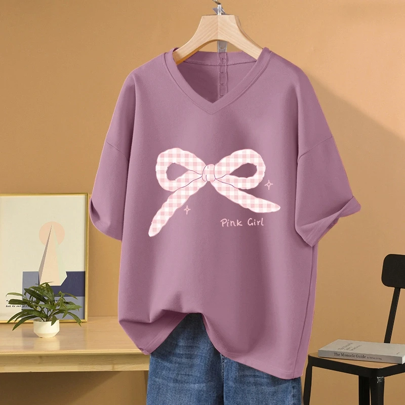 美式复古宽松百搭胖mm纯棉V领短袖t恤女装设计感小众显瘦遮肚上衣