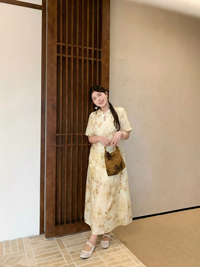 新中式中国风改良旗袍连衣裙收腰显瘦大码诗意
