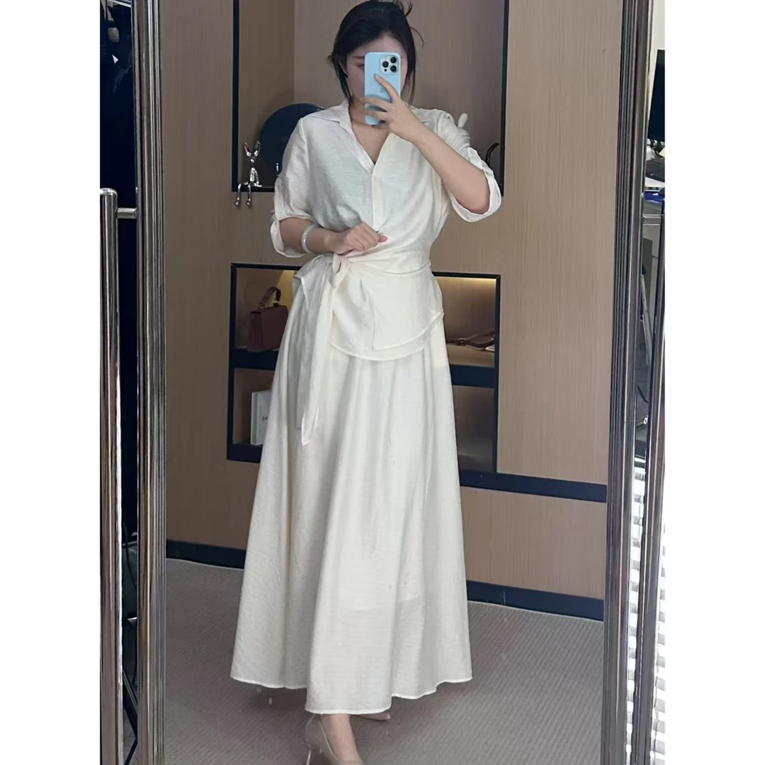 胖大大微胖定制高级感轻奢洋气时尚收腰系带衬衫显瘦长裙（SHZ078）