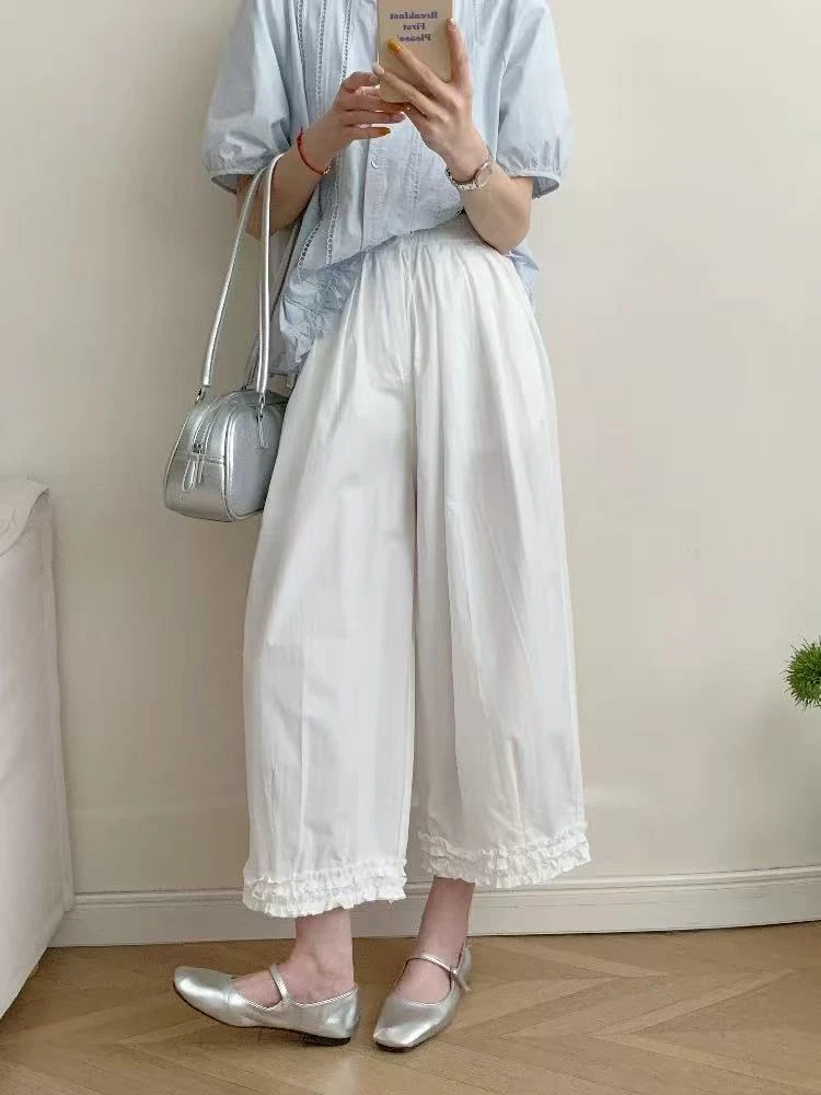 096松紧腰抽绳荷叶边阔腿裤