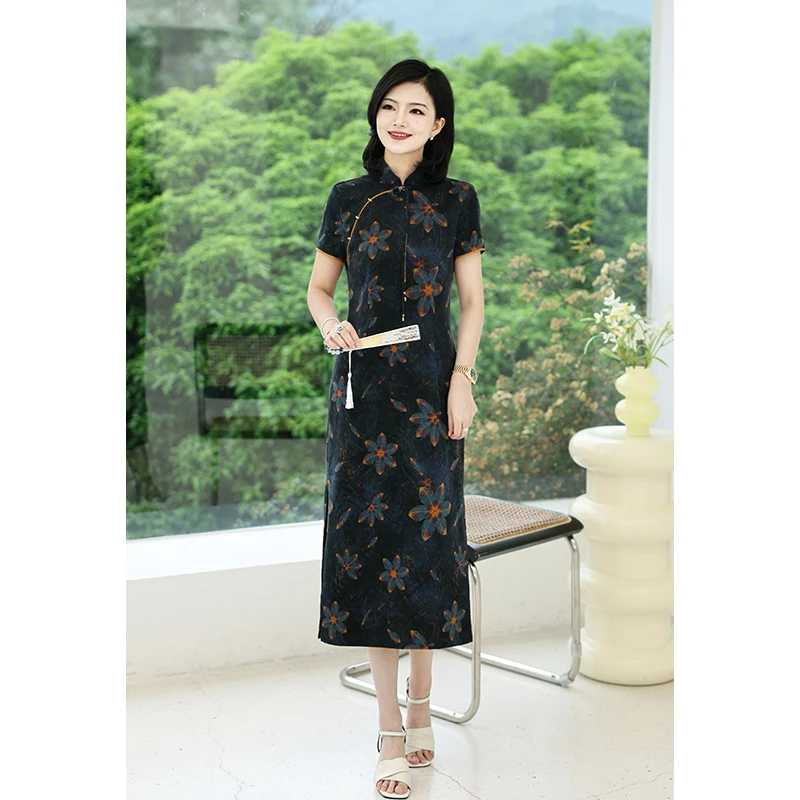 阿楠anan东方美人香云纱立领斜襟系带印花真丝旗袍中式夏季连衣裙