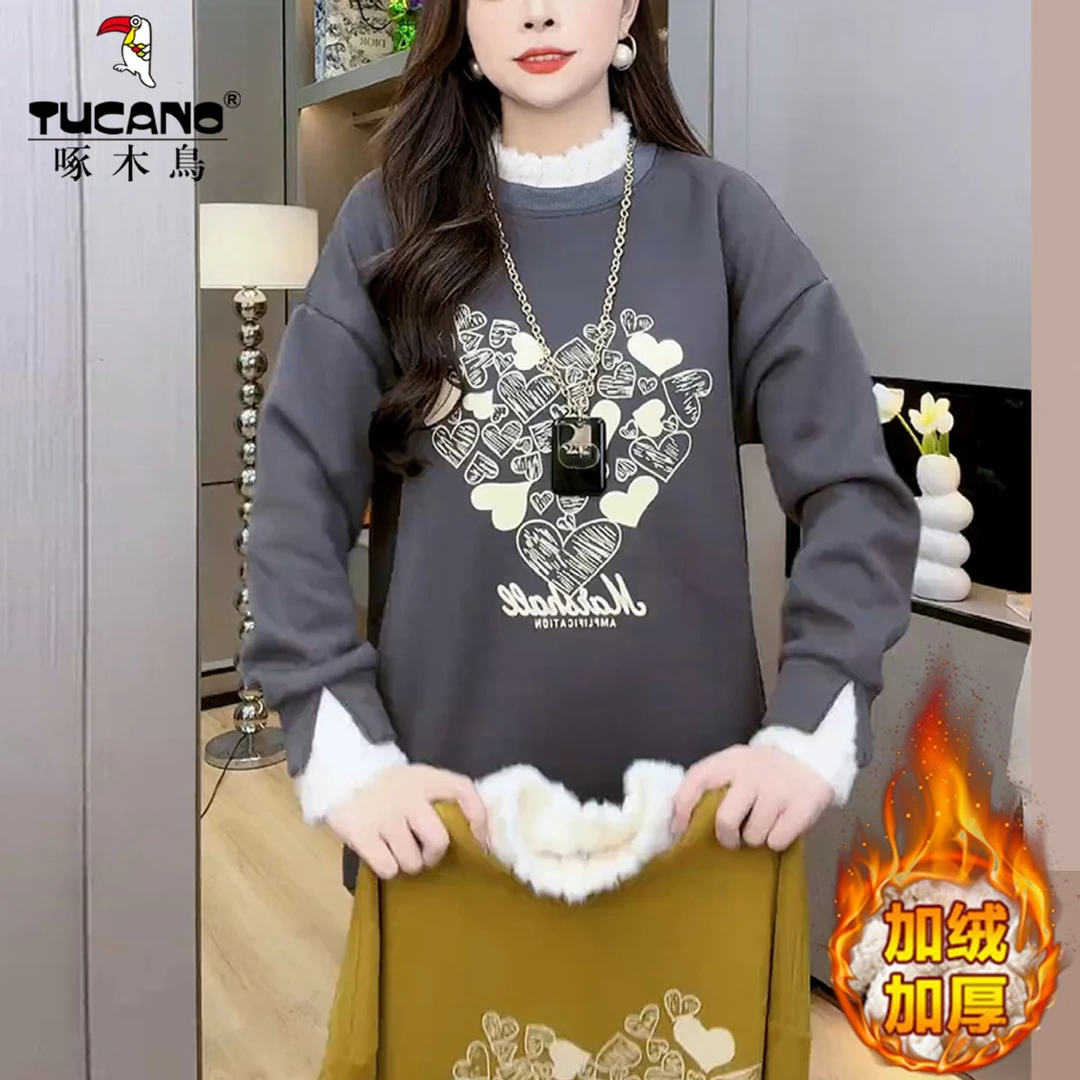 啄木鸟秋冬装新款加绒加厚假两件中长款卫衣女保暖减龄超好看上衣