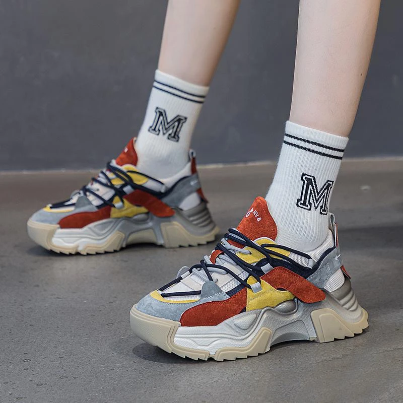 欧货松糕底跟老爹鞋女2025春秋新款厚底网面拼色休闲ins潮跑步鞋