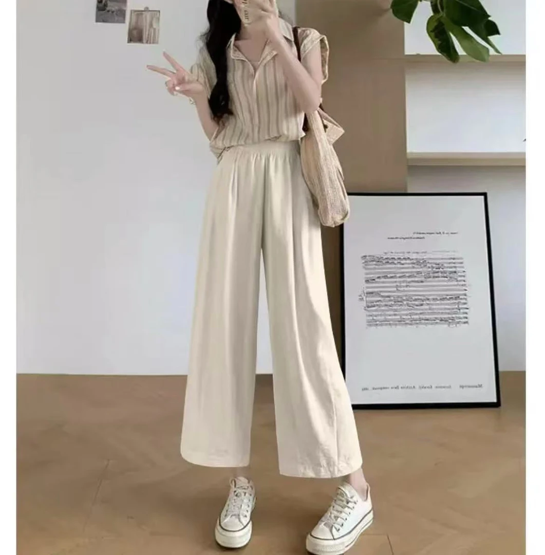 夏季薄款直筒裤女松紧腰舒适休闲九分裤女宽松显瘦版阔腿裤075